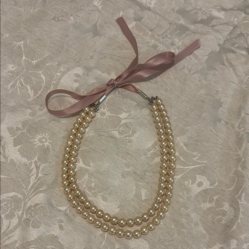 Elegant Pearl Necklace with Pink Ribbon